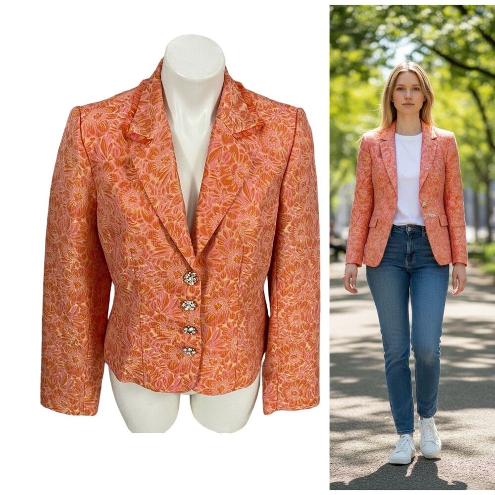 ECI New York Blazer Womens Size 6 Orange Floral Jacket Harvest Office Casual